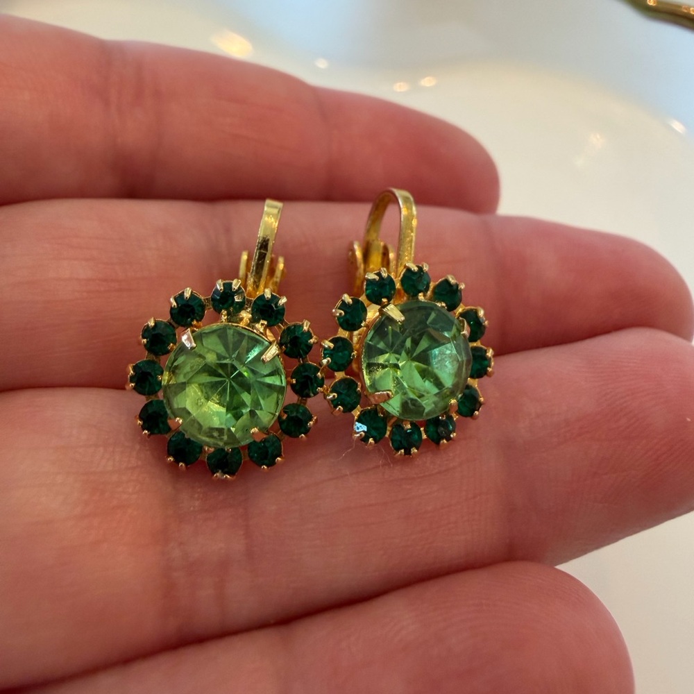 Vintage Green Rhinestone Clip On Earrings